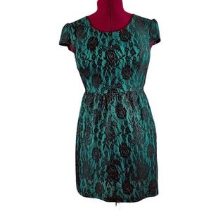 SWEET STORM Black Rose Lace over Teal Blue Midi Dress Size Large